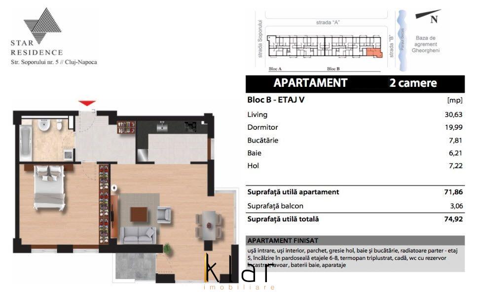Apartament 2 camere 72mp,balcon,parcare, Sopor, Baza Sportiva Gheorgheni