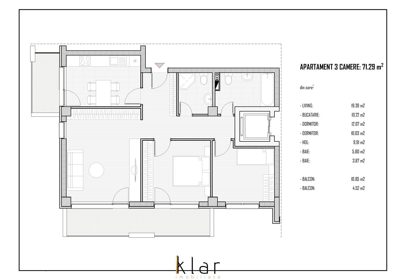 Apartament cu 3 camere decomandate