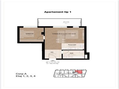 Apartament 2 camere SEMIFINISAT 54,51mp,balcon 12.21mp, zona Garii