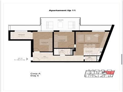 Apartament 3 camere SEMIFINISAT 87.78mp,terasa 33.46mp, zona Garii