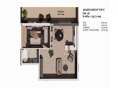 Apartament 2 camere 55.71mp, terasa 9.49mp,Iris, Valea Chintaului