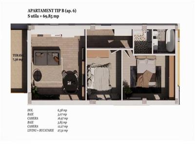 Apartament 3 camere 69.85mp, terasa 12.10mp,Iris, Valea Chintaului