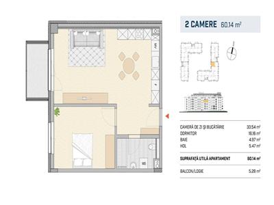 Apartament 2 camere FINISAT 60mp,balcon, zona Liberty Technology Park
