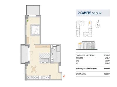 Apartament 2 camere FINISAT 56mp,2 balcoane, zona Liberty Technology Park